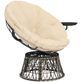 Outsunny 360° Swivel Outdoor Papasan Chair, Overstuffed Circle Chair with Side Tray, Thickened Cushion for Indoor, Patio, Beige