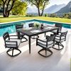 Modern 7-Piece Outdoor Patio Aluminum Dining Set, 35.5"x71" Rectangular Dining Table with Black Marble-Look Sintered Stone Top, Ember Black, 6 Swivel
