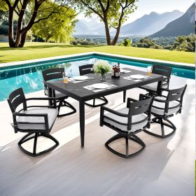 Modern 7-Piece Outdoor Patio Aluminum Dining Set, 35.5"x71" Rectangular Dining Table with Black Marble-Look Sintered Stone Top, Ember Black, 6 Swivel