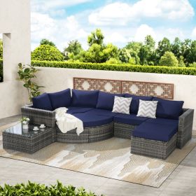 8 Piece Outdoor Patio Sofa Set, Sectional L- Shaped Patio Furniture Wicker Patio Conversation Set with Curved Sofa Ottoman & Glass Top Table for Backy