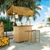 GO Hawaiian-style Bar Height Patio Set with PE Grass Canopy, Outdoor Bar Table and Stools with Adjustable Feet, Acacia Wood Top, for Dining and Drinki