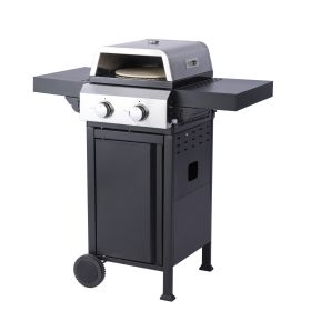2-Burner Propane Gas BBQ Grill, Pizza Box, 24600BTU Output With Wire Enamel Cooking Grids For Outdoor Barbecue, Foldable Side Table, Hanging Basket, S