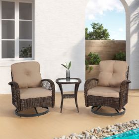 3 Pieces Outdoor Swivel Rocker Patio Chairs, 360 Degree Rocking Patio Conversation Set with Thickened Cushions and Glass Coffee Table for Backyard, Kh