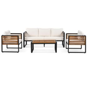 GO Large Size 4-pieces Outdoor Furniture sofa for 5 Person Conversation Set, Garden Sofa Set With Removable Cushion, Metal And Wood Frame Sofa set, Th