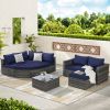 8 Piece Outdoor Patio Sofa Set, Sectional L- Shaped Patio Furniture Wicker Patio Conversation Set with Curved Sofa Ottoman & Glass Top Table for Backy