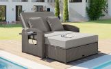 TOPMAX PE Wicker Rattan Double Chaise Lounge, 2-Person Reclining Daybed with Adjustable Back and Cushions, Free Furniture Protection Cover,Gray (OLD S