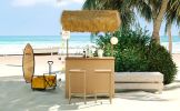 GO Hawaiian-style Bar Height Patio Set with PE Grass Canopy, Outdoor Bar Table and Stools with Adjustable Feet, Acacia Wood Top, for Dining and Drinki
