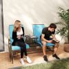 Outsunny Outdoor 2-Person Glider Bench, Outside Glider Swing Chair Loveseat with Table, Steel Frame, Blue