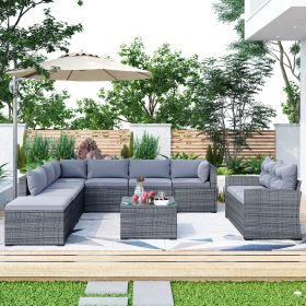 9-piece Outdoor Patio Large Wicker Sofa Set; Rattan Sofa set for Garden; Backyard; Porch and Poolside; Gray wicker; Gray Cushion