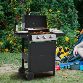 Propane Gas Grill 3 Burner Barbecue Grill, Stainless Steel 26,000 BTU Patio Garden Barbecue Grill with Two Shelves, Lid, Wheels and Bottle Opener (Main Color: Black, Main Material: Iron)