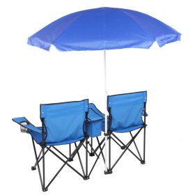 Portable Folding Picnic Double Chair with Umbrella, Table & Cooler â€“ Beach Camping Chair, Red/Gray Palm Tree Design (Color: Blue)