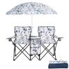 Portable Folding Picnic Double Chair with Umbrella, Table & Cooler â€“ Beach Camping Chair, Red/Gray Palm Tree Design