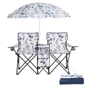Portable Folding Picnic Double Chair with Umbrella, Table & Cooler â€“ Beach Camping Chair, Red/Gray Palm Tree Design (Color: White Palm Tree)