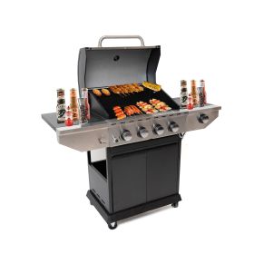 Propane Grill 4 Burner Barbecue Grill Stainless Steel Gas Grill with Side Burner and Thermometer for Outdoor BBQ;  Camping (Color: Silver)