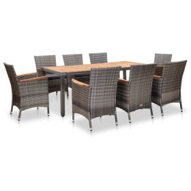 9 Piece Patio Dining Set with Cushions Poly Rattan Gray (Color: Gray)