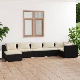 7 Piece Patio Lounge Set with Cushions Poly Rattan Black (Color: Black)