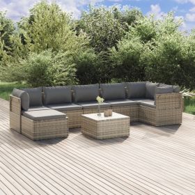 8 Piece Patio Lounge Set with Cushions Gray Poly Rattan (Color: Gray)