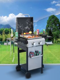 2-Burner Propane Gas BBQ Grill, SS Plancha, 24600BTU Output With Wire Enamel Cooking Grids For Outdoor Barbecue, Foldable Side Table, Hanging Basket (Color: as Pic)