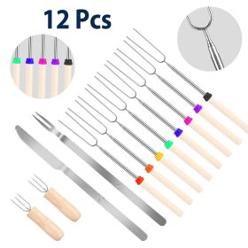 Stainless Steel Roasting Sticks Set 31.9in Extendable Telescoping Marshmallow Hot Dog Fork Skewers Set (Color: Wooden & Silver)
