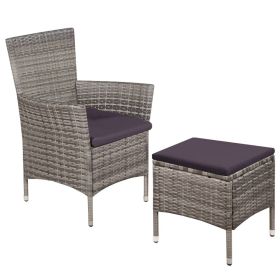 Patio Chair and Stool with Cushions Poly Rattan Gray (Color: Grey)