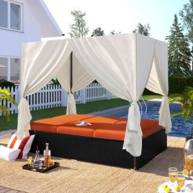 U_STYLE Outdoor Patio Wicker Sunbed Daybed with Cushions, Adjustable Seats (Color: as Pic)