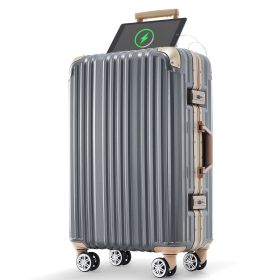 1pc 24in Aluminum Frame Luggage with USB port, Vacation Carry-On Suitcase with Spinner Wheels and TSA Lock (Color: as Pic)