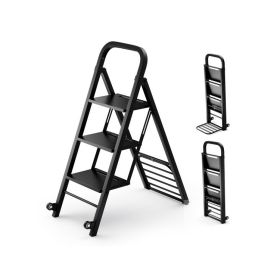 2 in 1 Hand Truck and Ladder Combo with Rubber Wheels, Handle for Warehouse, Garage, Home (Color: Black)