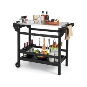 Movable Outdoor Dining Cart Table HDPE Pizza Oven Stand Table with Stainless Steel Tabletop (Color: Black)