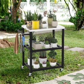 3-Tier Foldable Outdoor Stainless Steel Food Prepare Dining Cart Table on Wheels (Color: Black)