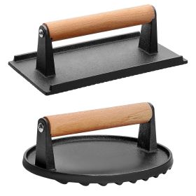 2Pcs Cast Iron Grill Press Pre-Seasoned Steak Weights Smash Burger Press Bacon Meat Smasher with Wood Handle 7in Round & 8.2x4.25in Rectangular Grill (Type: Grill Press)
