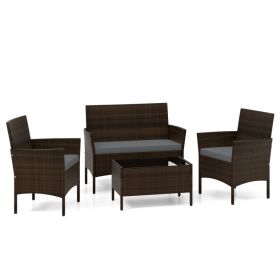 4 Piece Patio Rattan Conversation Set with Cozy Seat Cushions (Color: Gray)
