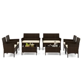 4 Piece Patio Rattan Conversation Set with Cozy Seat Cushions (Color: Beige)