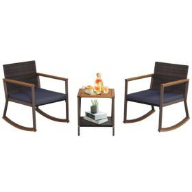 3 Pieces Rattan Rocking Bistro Set with Coffee Table and Cushions (Color: Navy)