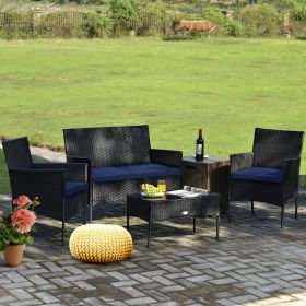 4 Pieces Patio Rattan Cushioned Sofa Set with Tempered Glass Coffee Table (Color: Navy & Off White)