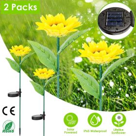 2Pcs Solar Powered Sunflower Lights 10 LED Decorative Stake Lamp (Color: Yellow)