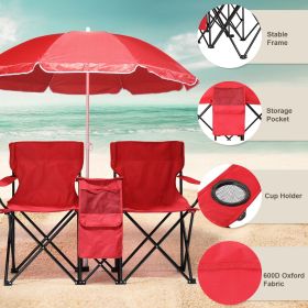 Portable Folding Picnic Double Chair with Umbrella, Table & Cooler â€“ Beach Camping Chair, Red/Gray Palm Tree Design (Color: Red)