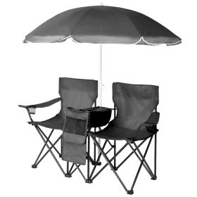 Portable Folding Picnic Double Chair with Umbrella, Table & Cooler â€“ Beach Camping Chair, Red/Gray Palm Tree Design (Color: Black)