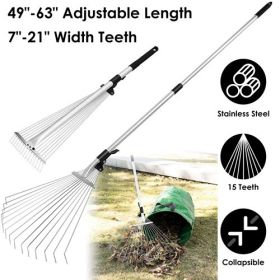 63in Adjustable Garden Leaf Rake 15 Teeth Expanding Stainless Steel Rake For Quick Clean Lawn Yard Garden w/ 7-21inch Teeth Width Folding Head (Color: Black+ Silver)
