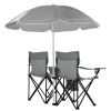 Portable Folding Picnic Double Chair with Umbrella, Table & Cooler â€“ Beach Camping Chair, Red/Gray Palm Tree Design